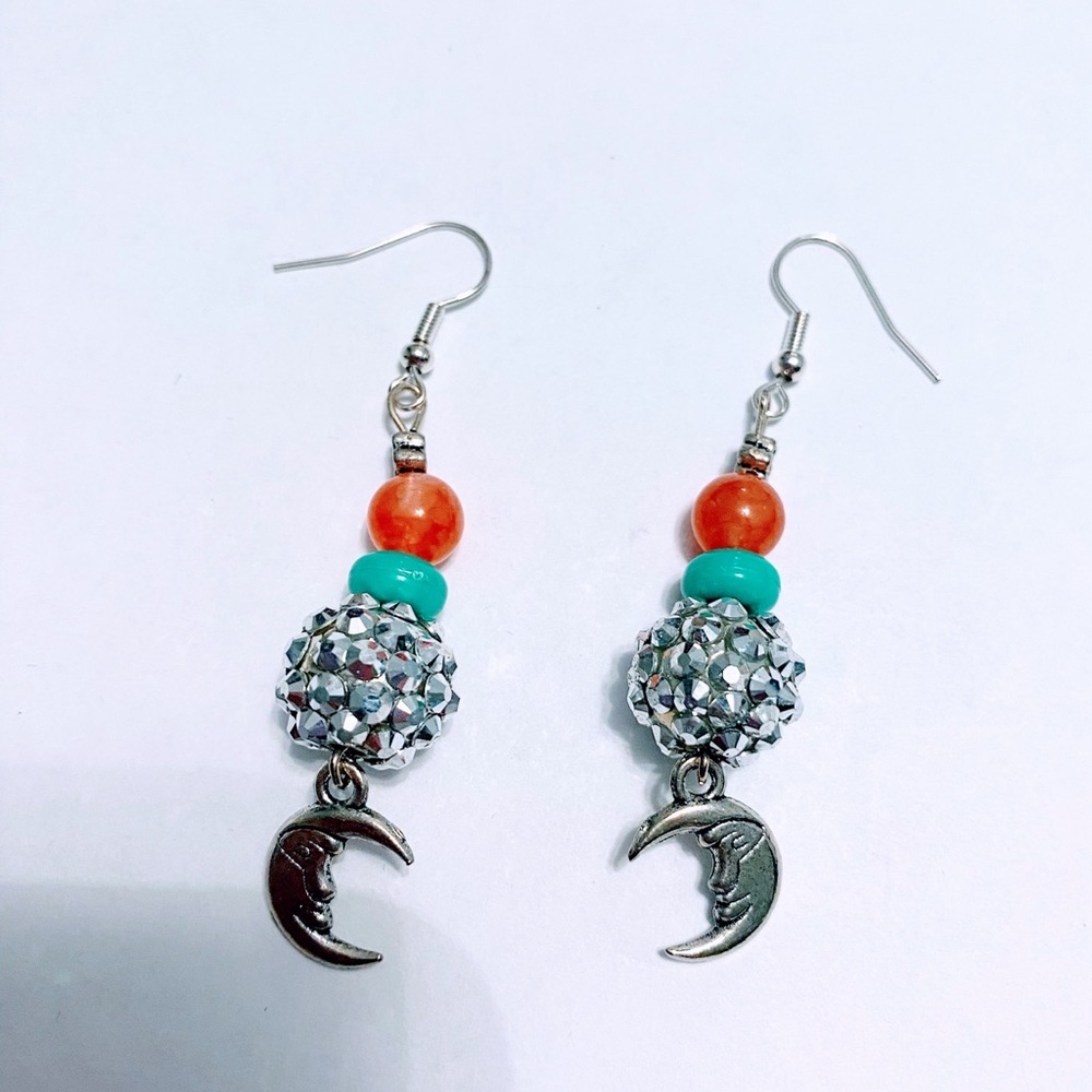 Silver disco ball and Orange  green beaded Moon Charm Earrings